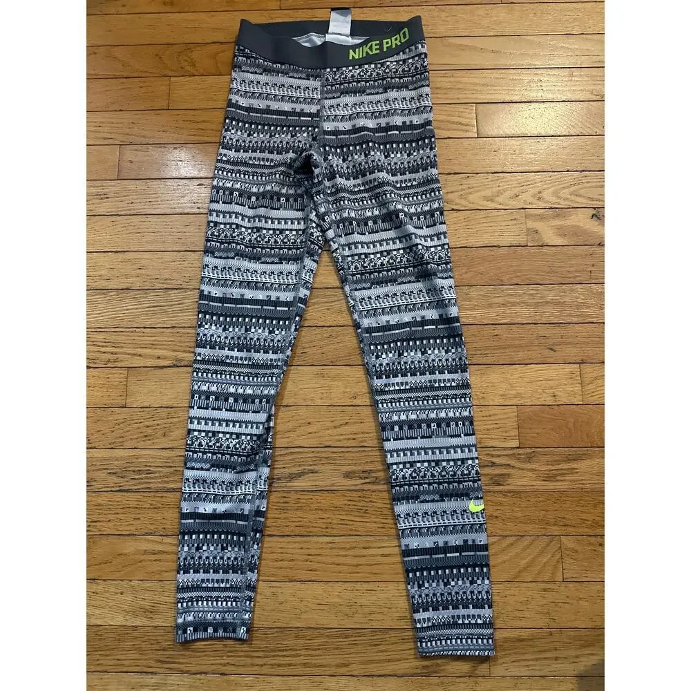 Nike Pro Dri-Fit Women’s Leggings Gray Black Pattern Athletic Training Pants S